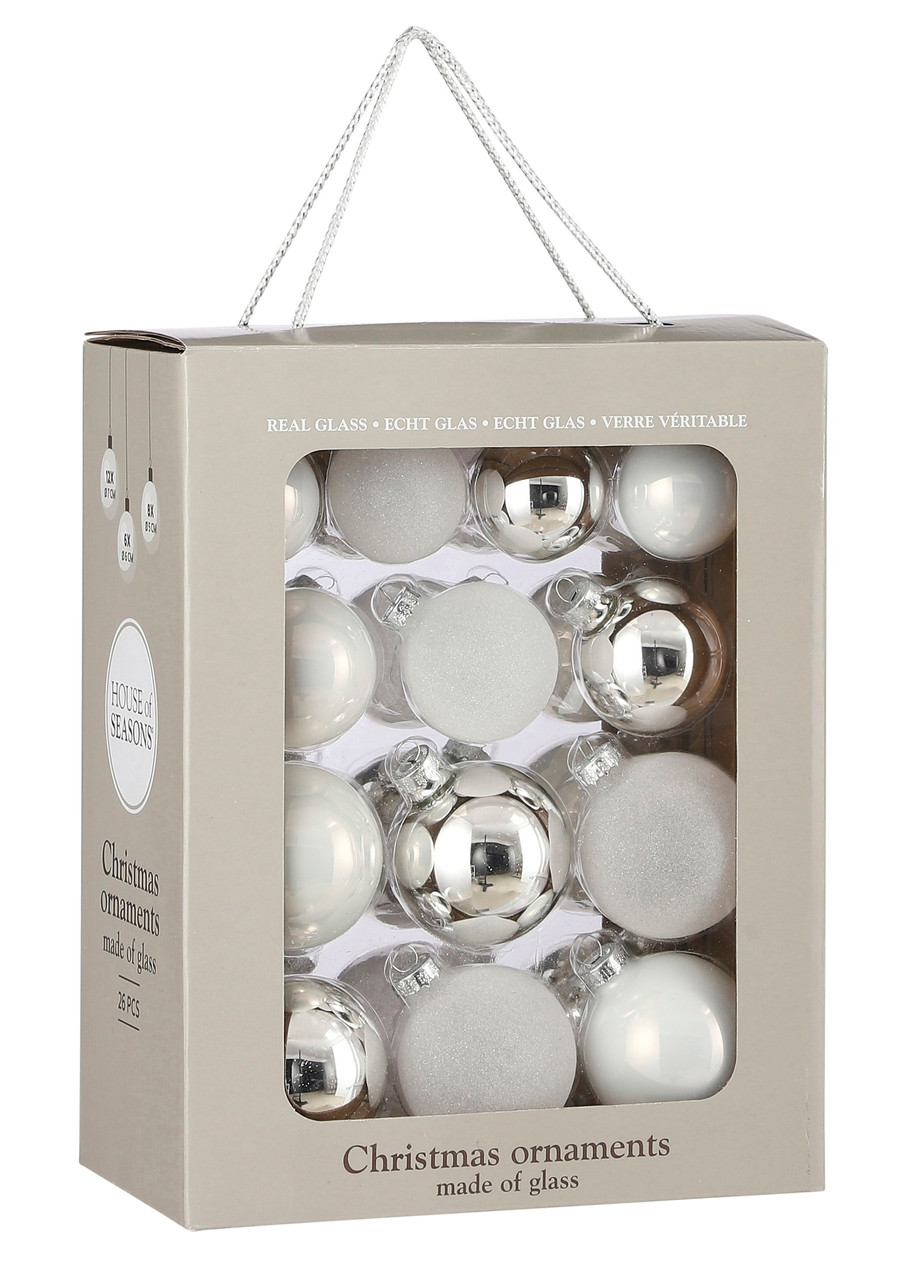 Ялинкові скляні кульки House of Seasons комплект 26 шт Ø 7/6/5 см білі