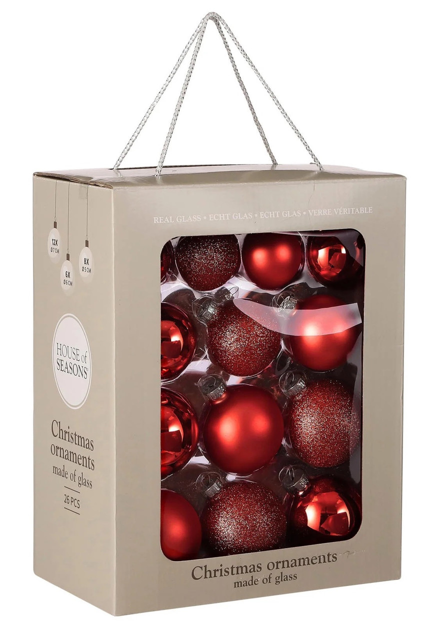 Ялинкові скляні кульки House of Seasons комплект 26 шт Ø 7/6/5 см темно-червоні
