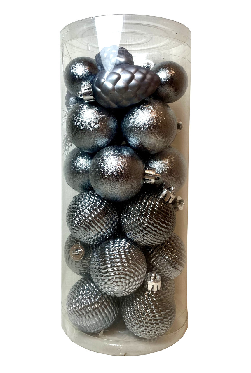 Ялинкові скляні іграшки "Chomik" комплект 31 шт, Ø 3/4,5 см, сіро-сині