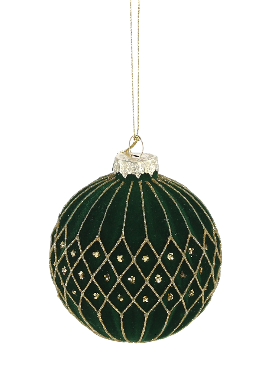 Ялинкова скляна кулька велюр Chomik Ø 8 см, зелена ромби орнамент