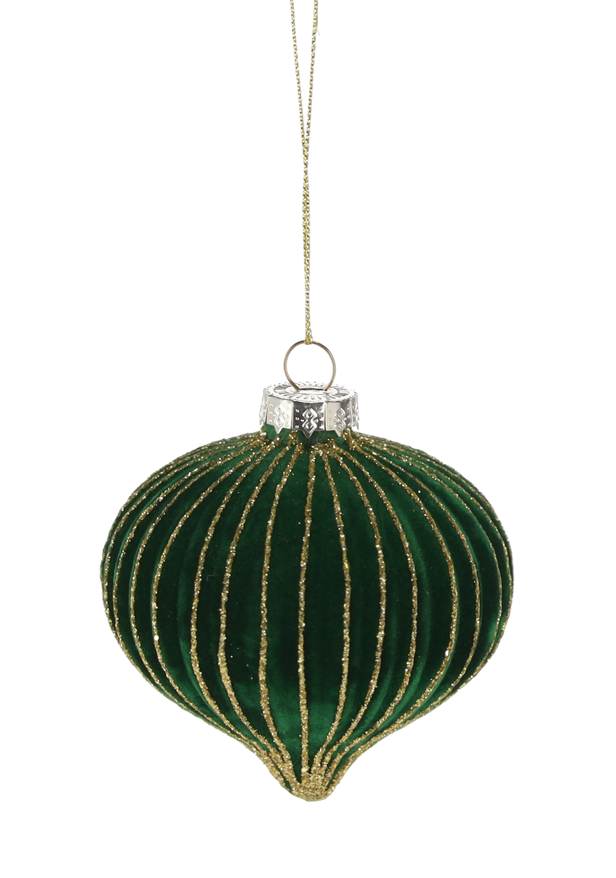 Ялинкова скляна кулька велюр "Дзига" Chomik Ø 8 см, зелена смугаста