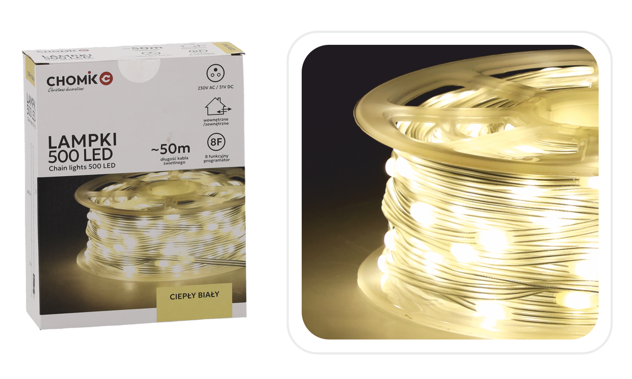 Гірлянда-струна на котушці Chomik, 49,9+3 м, 500 LED теплий білий, фото 1