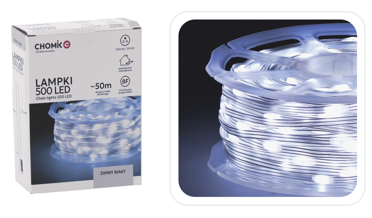 Гірлянда-струна на котушці Chomik, 49,9+3 м, 500 LED холодний білий, фото 1