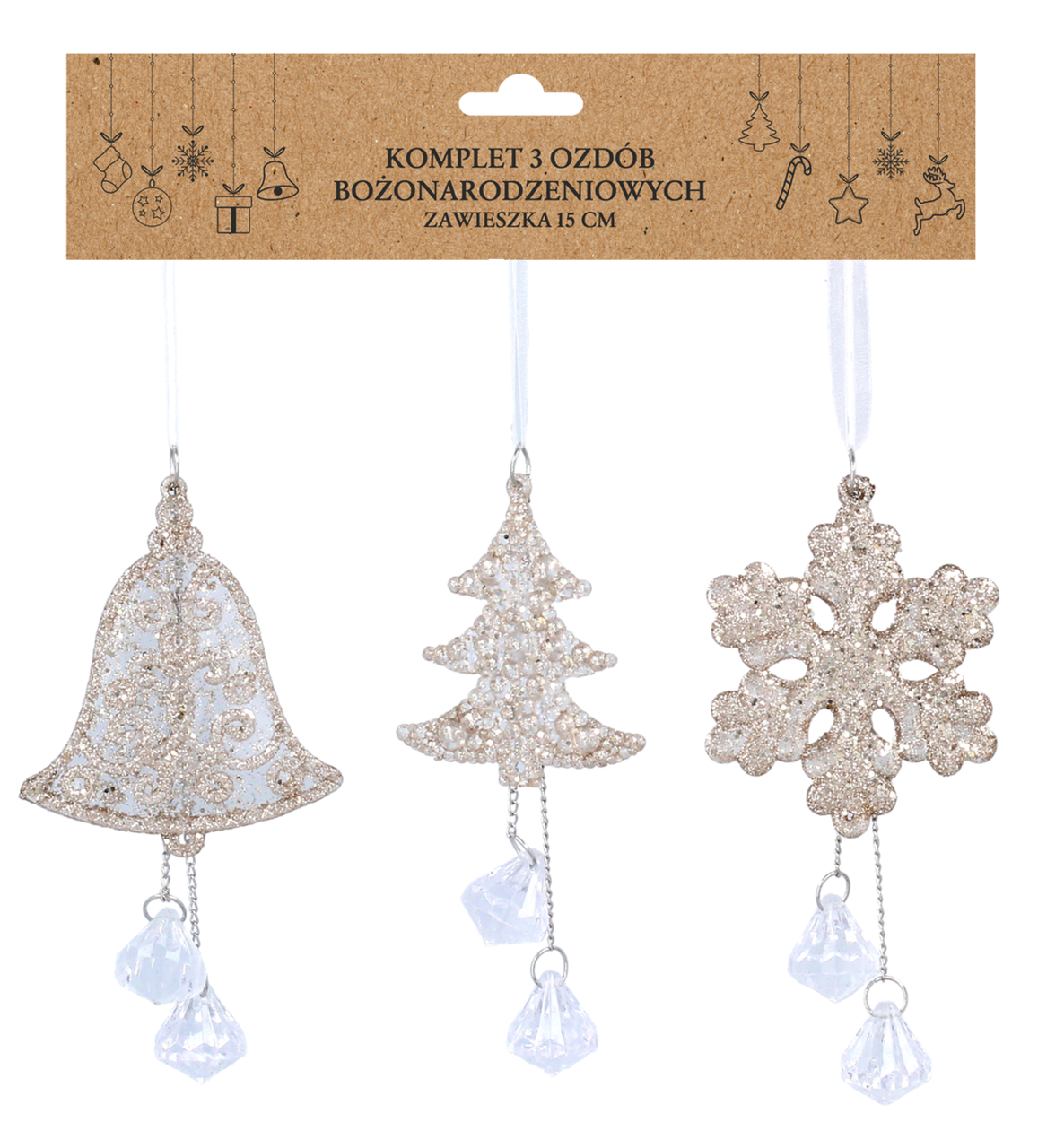 Прикраса-підвіска з кристалами "Ялинка, сніжинка, дзвіночок" Chomik, комплект 3 шт, 18 см, шампань
