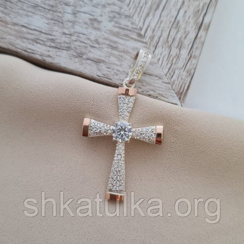 Хрестик срібний із золотом і білими цирконами різного розміру