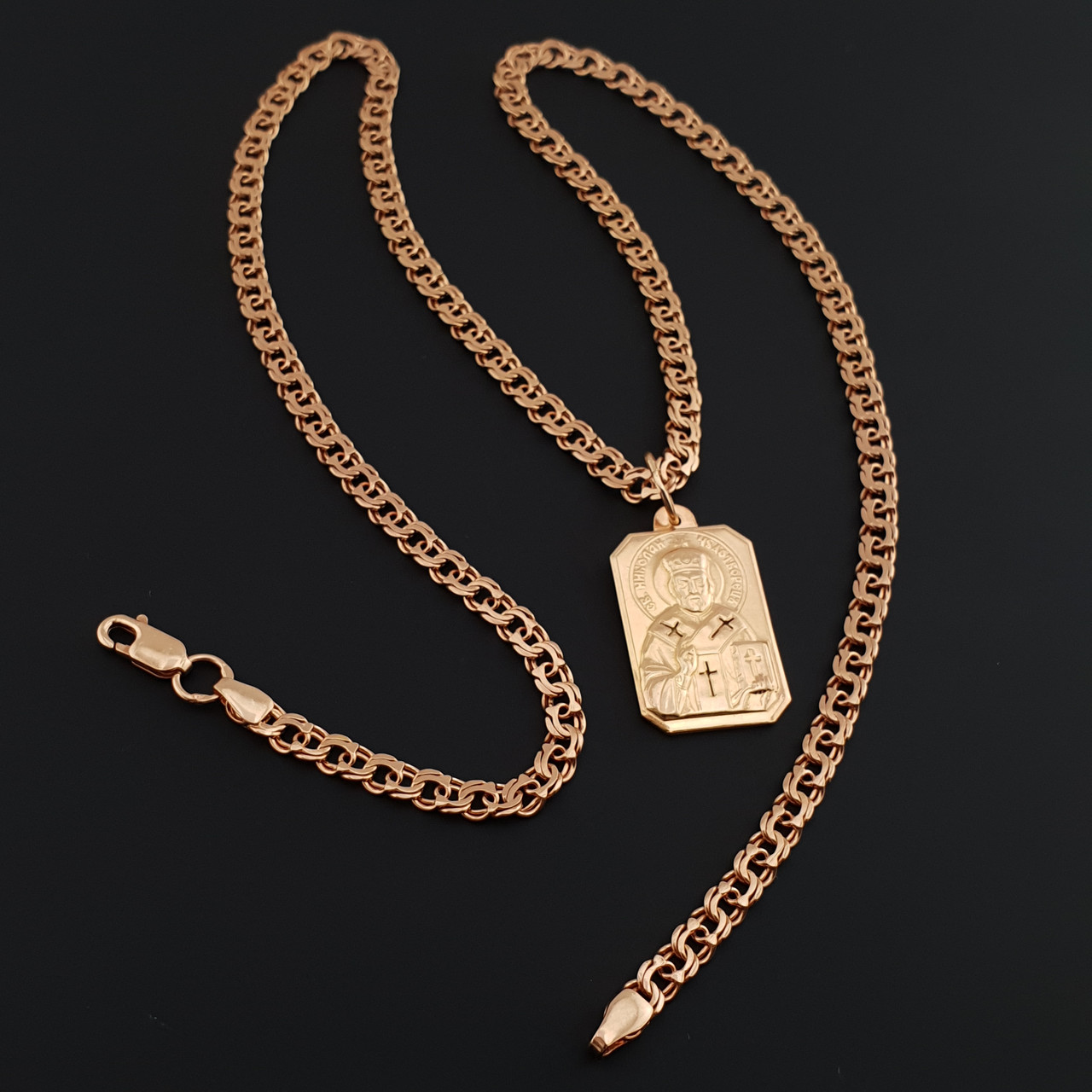 Позолочена срібна цепочка з іконкою Миколай. Срібний хрестик з ланцюжком позолота 585. 50 см, фото 1