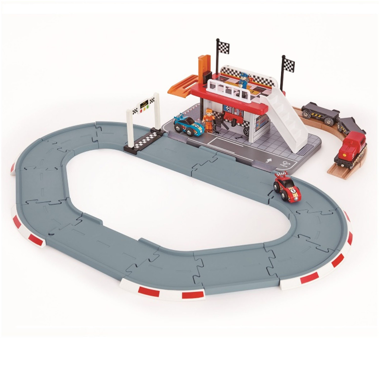 Автотрек гоночний іграшковий Hape (34 елементи, поїзд, 2 машинки, декорації) E3734