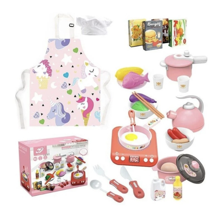 Дитячий іграшковий набір посуду 168-97 зі звуковими і світловими ефектами, фартух, ковпак, продукти.