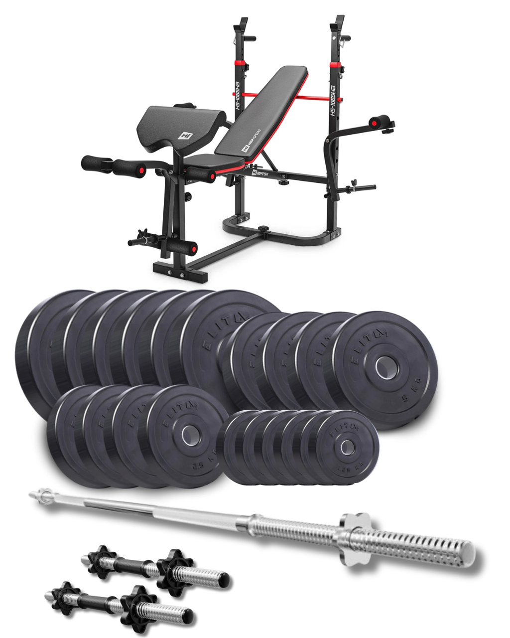 Набір Elitum Titan 109 кг зі лавкою HS-1065HB Pro, штангою і гантелями