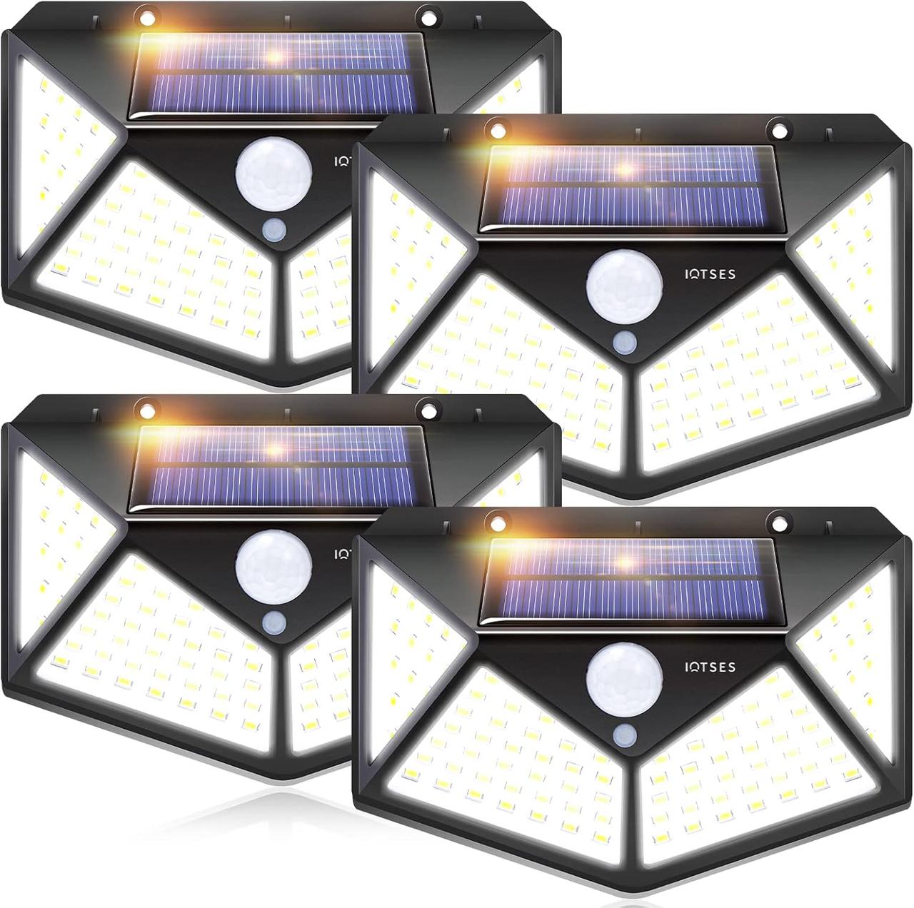 IOTSES 【4 шт.】 Сонячні охоронні світильники на відкритому повітрі, модернізовані 100 світлодіодів 270° ширококутні 3 режими, фото 1