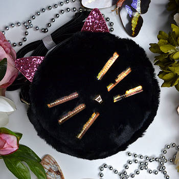 Дитяча м'яка сумочка чёрная Котик з бантиком на блискавці штучне хутро Luna