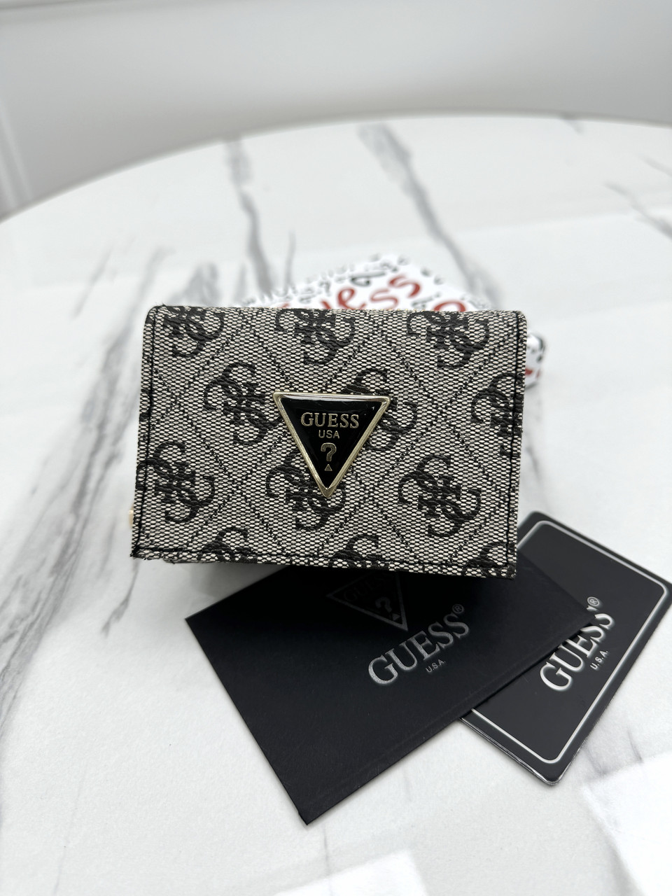 Гаманець Guess жіночий мініконверт Кішечок Гесс сірий строчка