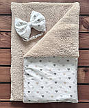 Зимовий стильний конверт - плед «Тедді Сердечка» для малюка з бантиком 100х80 см BST Бежевий з принтом, фото 3