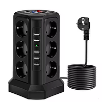 Подовжувач переноска мережева на 12 розеток із 5 USB довжина 1.8 м, у кольорі чорний.Хіт!