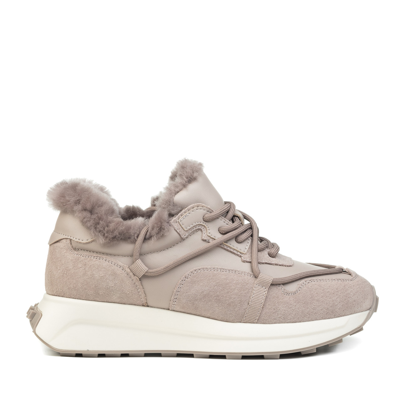 Кросовки жіночі зимові шкіряні на високій підошві та платформі і танкетці з хутром світлі, фото 1