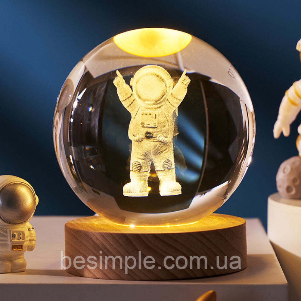 Світлодіодний нічник Кришталева куля від USB, Космонавт / Світильник нічник для дітей / 3D нічник, фото 1