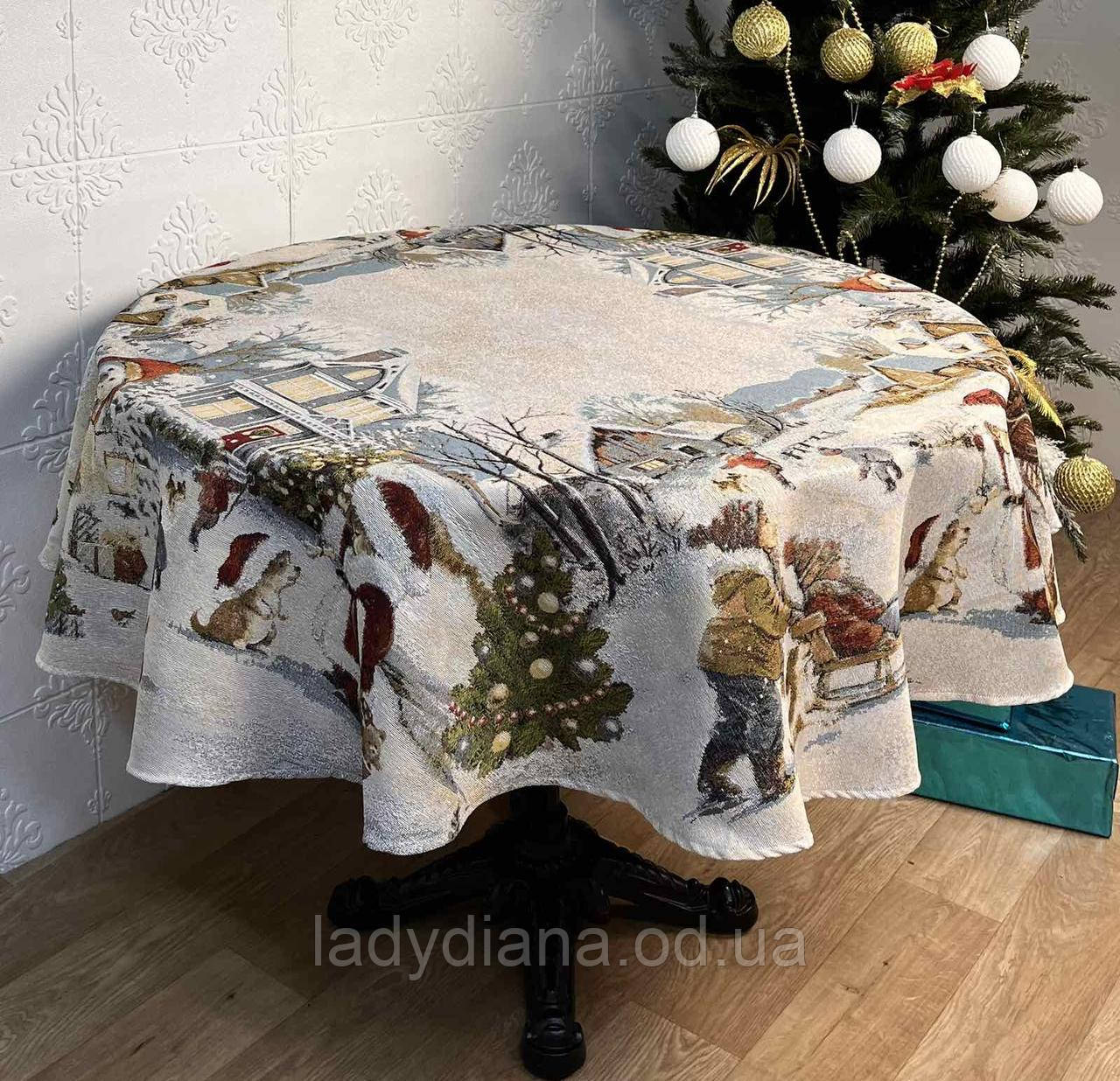 Скатертина новорічна гобеленова Verolli в коробці ø160 см кругла Туреччина, фото 1