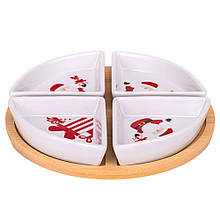 Набір новорічних керамічних піал на бамбуковій підставці "Дбайливий Санта" 21,5 см