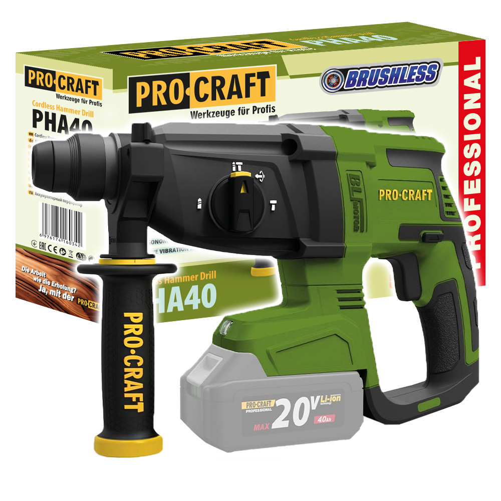 Акумуляторний перфоратор Procraft PHA40, 20 В, 0-1150 об/хв (без АКБ та ЗП)