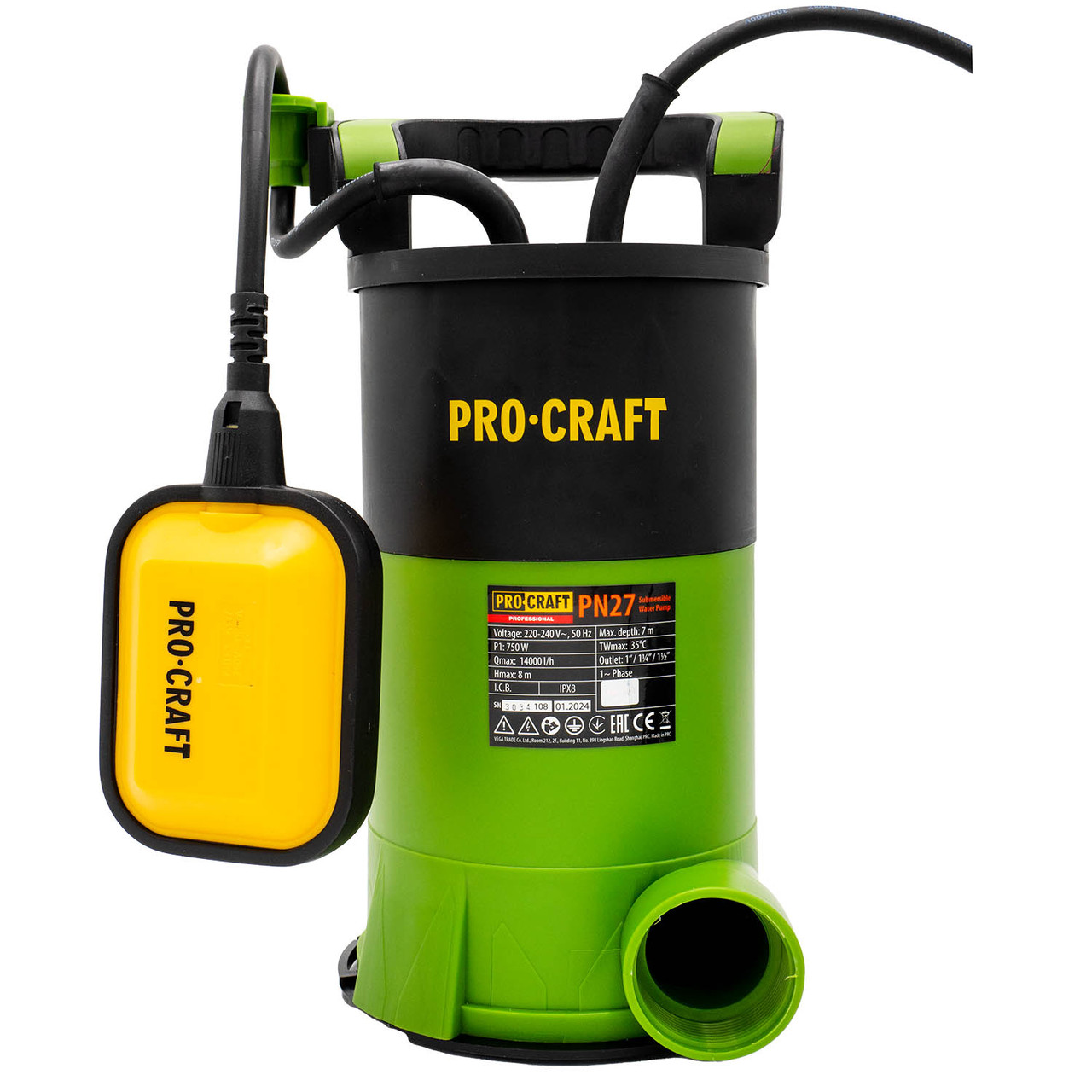 Дренажно-фекальний насос Procraft PN27, потужність 750 Вт, продуктивність 14000 л/год, напір 8 м, IPX8
