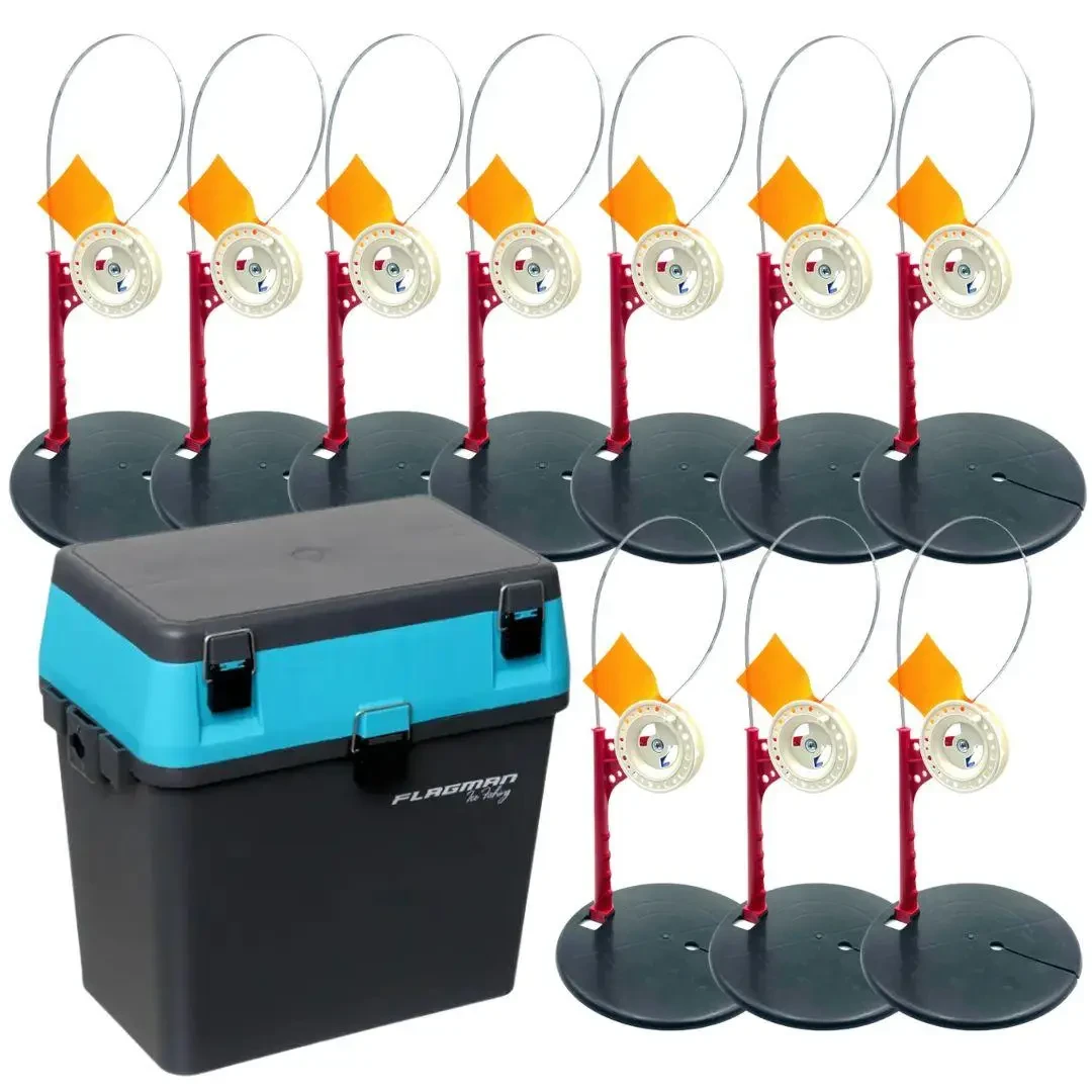 Набір жерлиць на високій ніжці Оснащені (котушка зі стопором)- 10шт. + Зимовий ящик FLAGMAN, фото 1