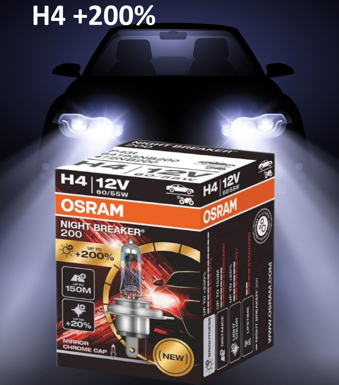 Автолампа галогенна Osram Night Breaker H4 + 200% 12 V 55 W