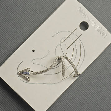 Сережка Каф на вушко сріблястий метал 15х 35мм+-білі стрази