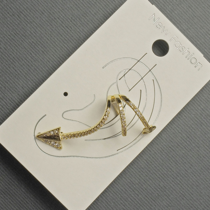 Сережка Каф на вушко золотистий метал 15х35мм+- білі стрази, фото 1