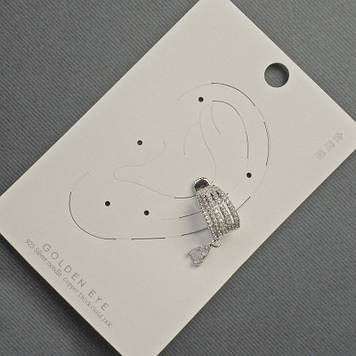 Сережка Каф на вушко сріблястий метал 10х14мм+- білі стрази