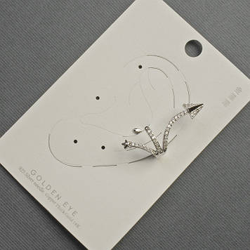 Сережка Каф на вушко сріблястий метал L-35мм+-білі стрази