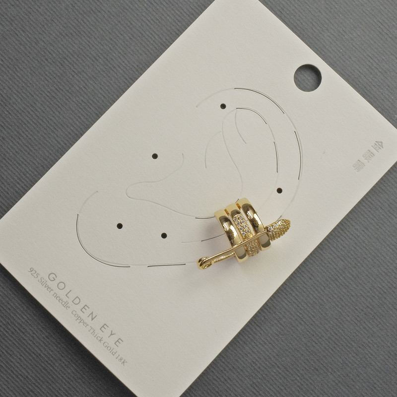 Сережка Каф на вушко Шпилька золотистий метал 14х24мм+-білі стрази, фото 1