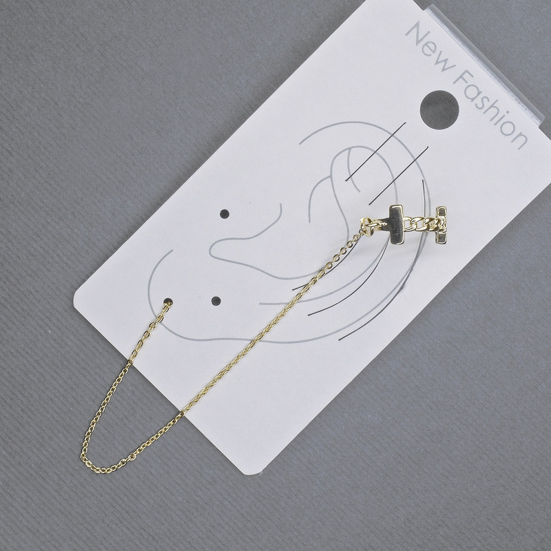 Сережка Каф на вушко золотистий метал 6х13мм+- L-10,5см+- білі стрази, фото 1