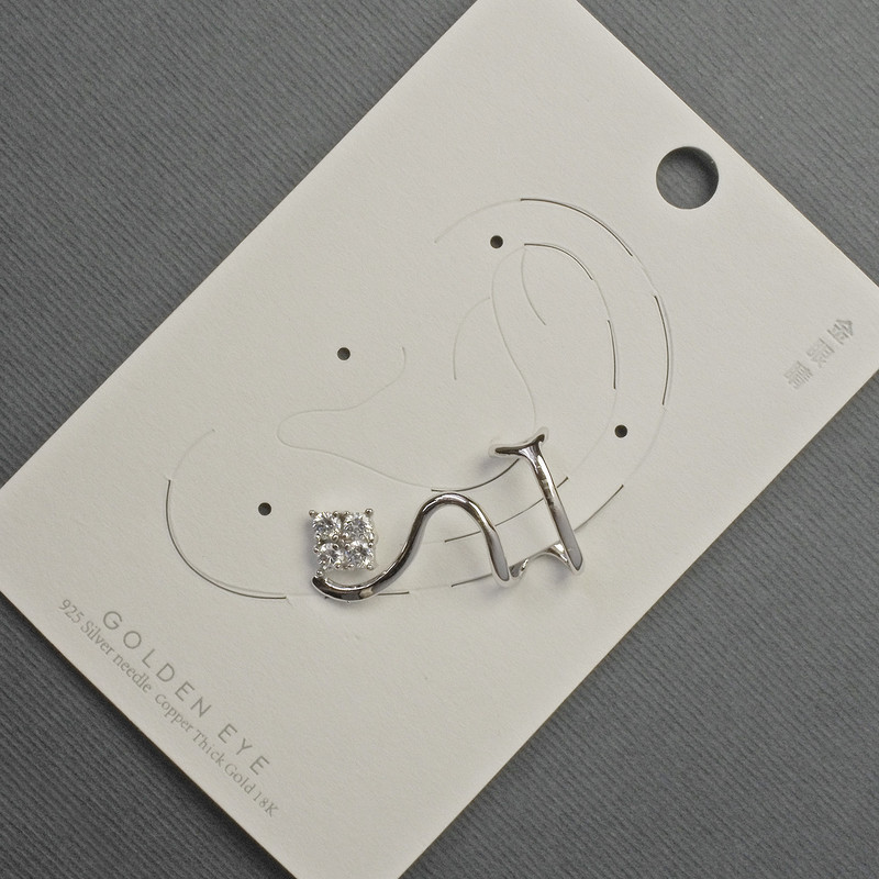 Сережка Каф на вушко сріблястий метал 16х28мм+-білі стрази, фото 1