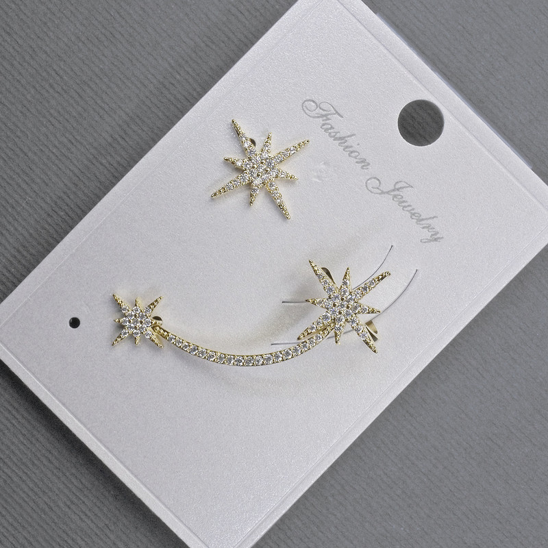 Сережки Пусети з кафом на вушко золотистий метал 13х37мм+-білі стрази, фото 1