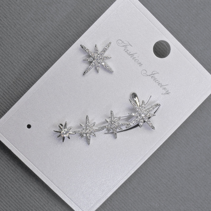 Сережки Пусети з кафом на вушко сріблястий метал 12х32мм+-білі стрази, фото 1