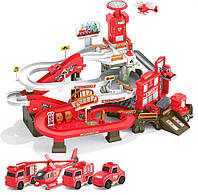 Дитячий ігровий автотрек Пожежна станція з автоматичним підйомником злітним майданчиком підсвічуванням та звуками