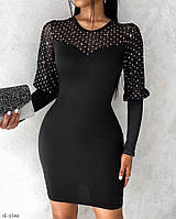 Приталене плаття жіноче чорне на фігурі футляр олівець із сіткою на рукавах ошатне стильне арт 648