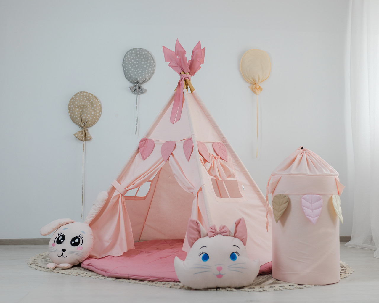Вігвам для дітей Пухнасті друзі Пудровий + кошик для іграшок. Повний комплект, фото 1
