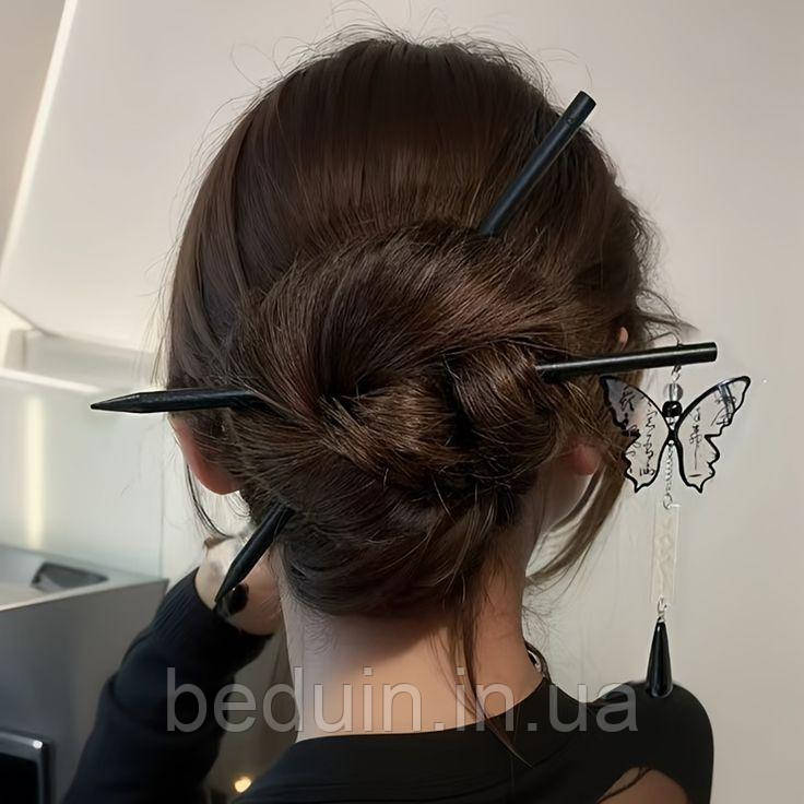 Набір: дерев'яні палички, шпильки 2 шт. у пучок "Метелик і Палиця" для волосся — Aushal Jewellery