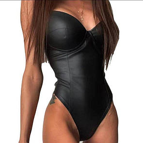 Жіночий чорний шкіряний боді з пуш апом
