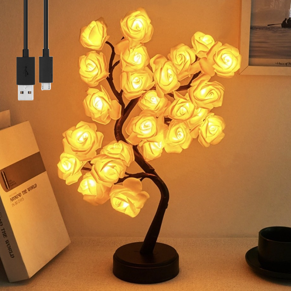 Настільний світильник Дерево з трояндами 24LED, від USB та батарейок, Жовтий / Світлодіодний світильник декоративний, фото 1
