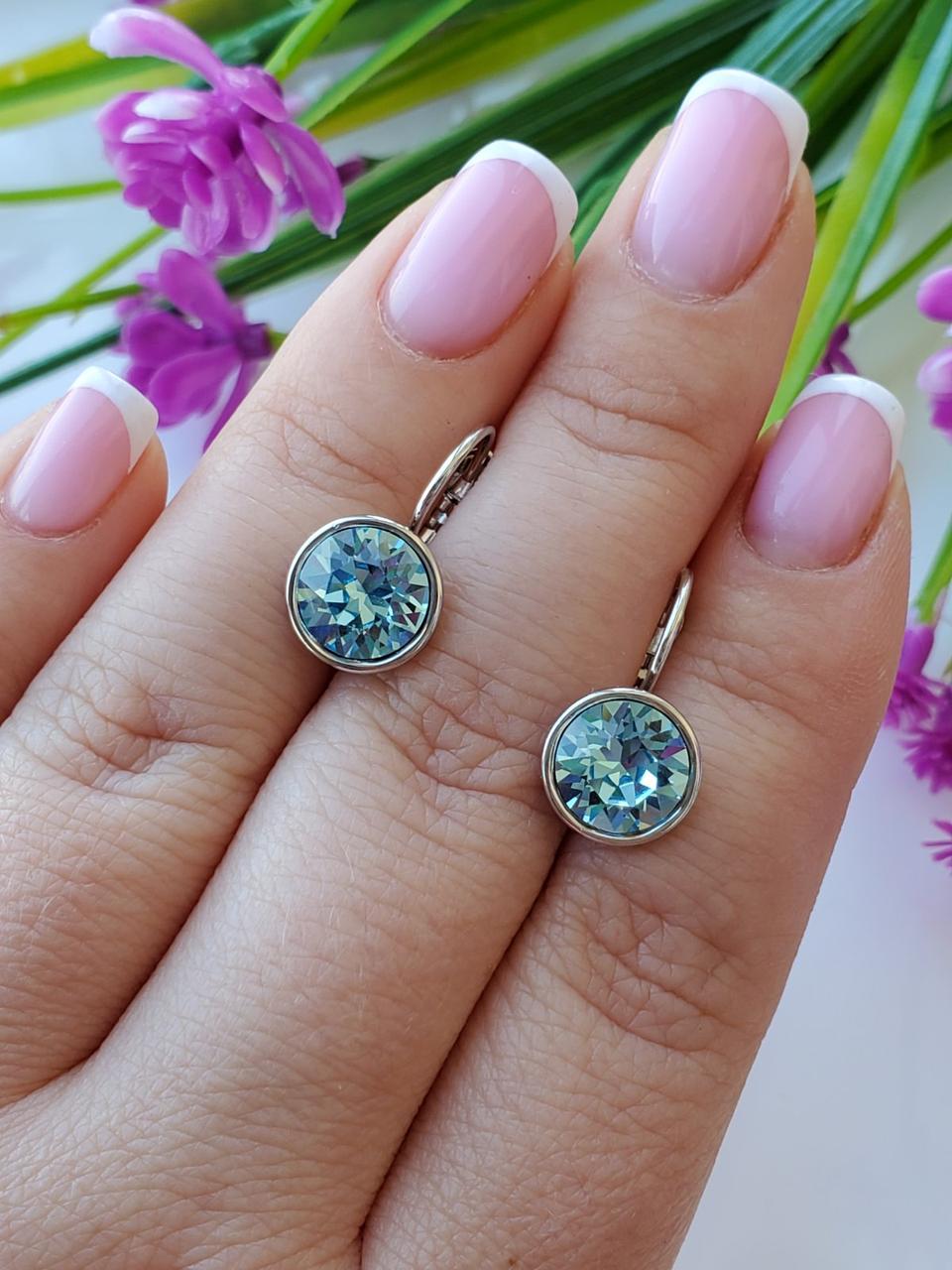Сережки з фіолетово-блакитним камінням Сваровскі медичне золото позолота, фото 1
