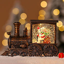 Новорічний світильник Паровоз зі сніговиком (13,5х8,8х8,2 см), на батарейках / Декоративний нічник на Різдво