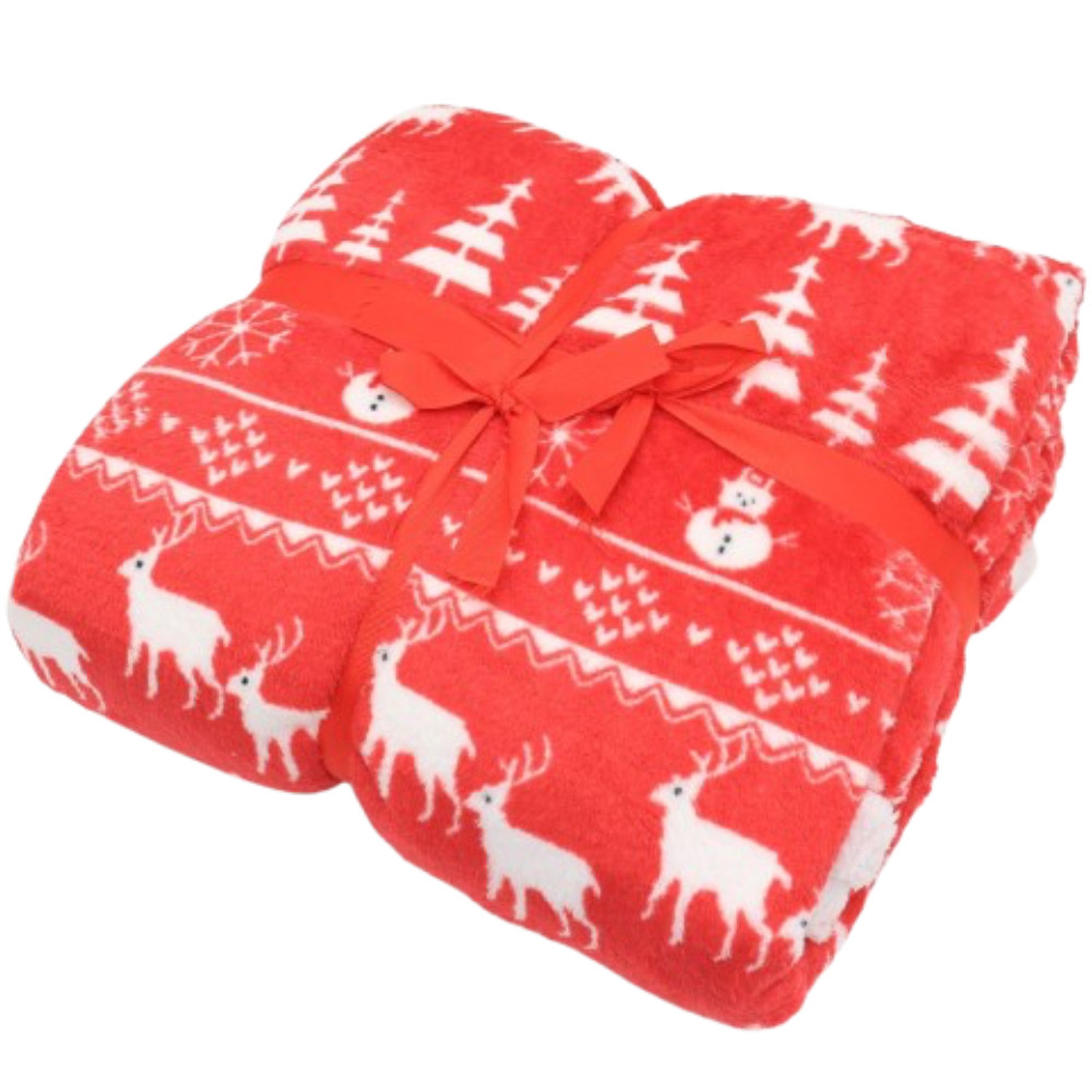 Новорічний плед з оленями 155х135см, Червоний / Різдвяний плед покривало / Теплий плед зимовий, фото 1