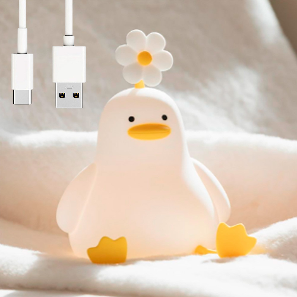 Нічник силіконовий Качка з квіточкою, від USB, Теплий білий / Нічник на акумуляторі / Силіконовий світильник