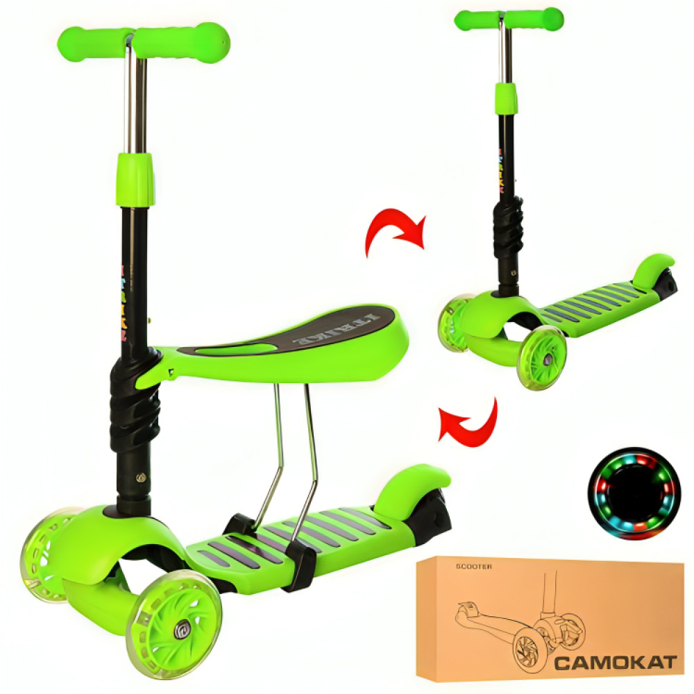 Дитячий самокат триколісний з підсвічуванням коліс, Best Scooter, Зелений / Самокат беговел / Самокат з сидінням