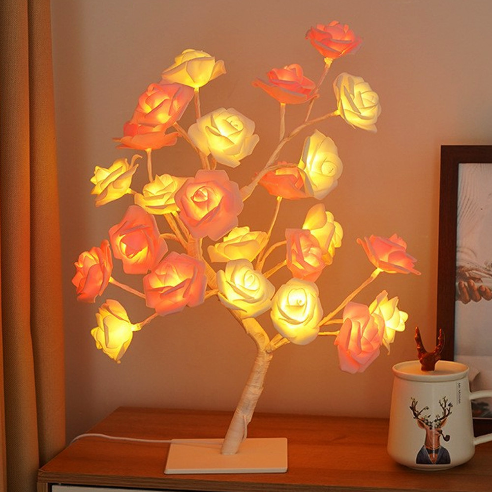 Настільний світильник Дерево з трояндами, від мережі, 45см, 24 LED, Теплий білий / Декоративний нічник лампа, фото 1