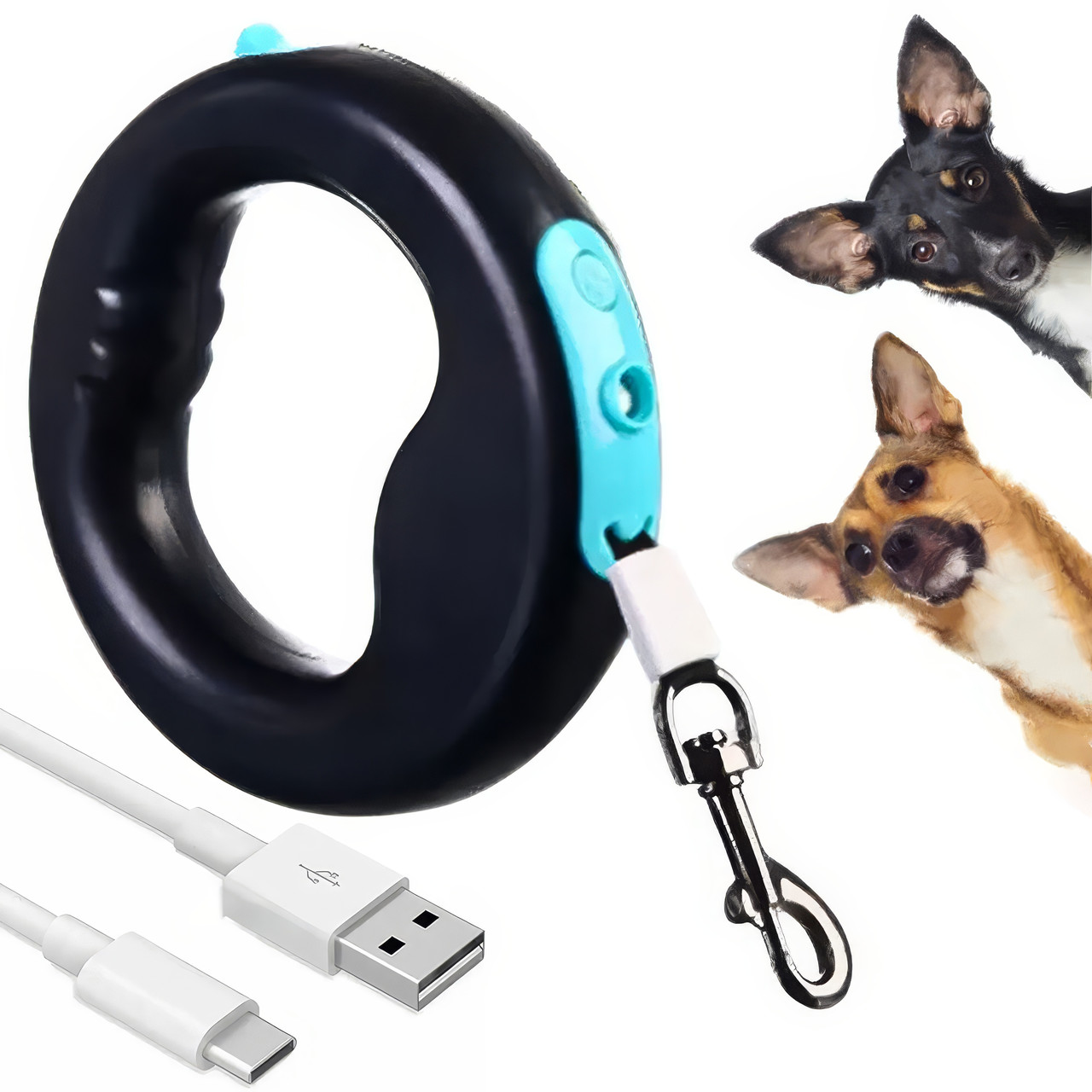 Повідець-рулетка для собак з ліхтариком 3м, 15кг, від USB, Чорний / Повідець для собак / Повідець автоматичний