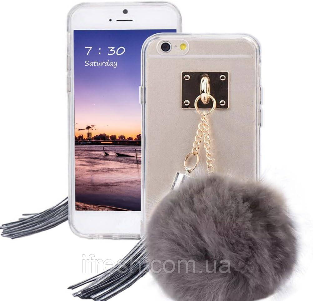 Чохол для iPhone SE 2022/2020/8/7- Пухнастий Помпон, Сірий, фото 1