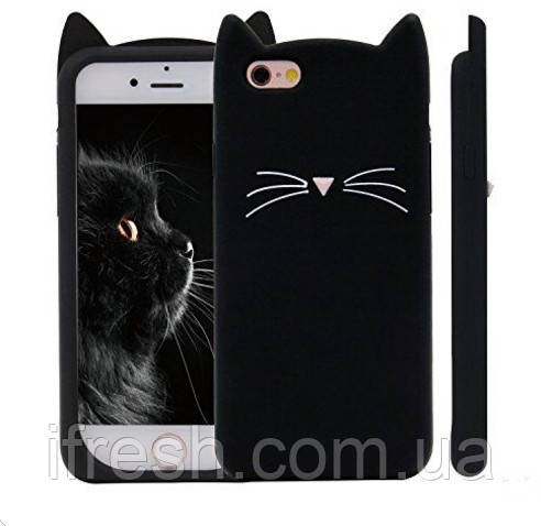 Силіконовий чохол для iPhone SE 2022 / 2020 / 8 / 7 - Black Cat (Кіт з вусами), Чорний, фото 1